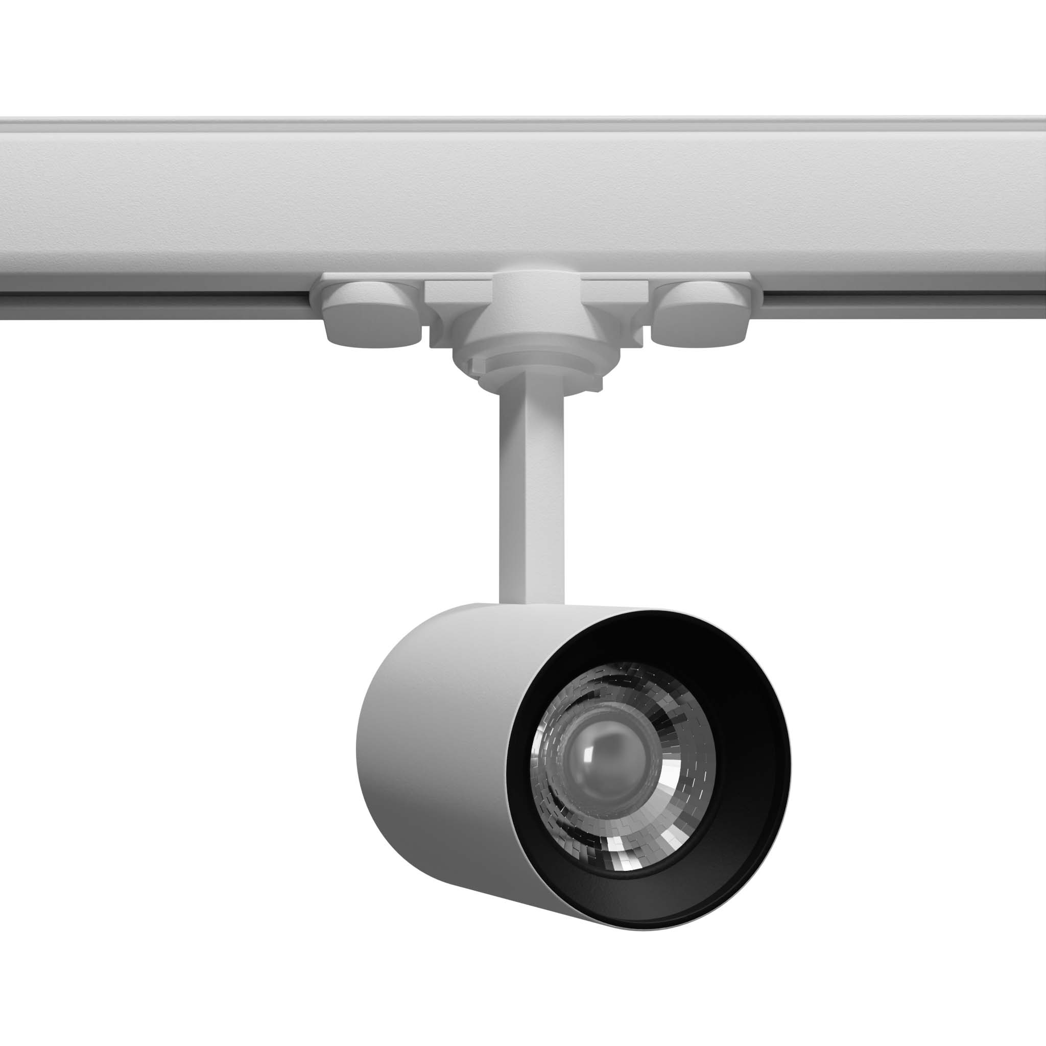 Reflektor spot Kami 1xLED/8W/3000K w kolorze białym, montowany na szynie 3-fazowej. Okrągła głowica z czarną obręczą, widoczne elementy mocujące. Produkt zawieszony, ukazany z boku na jasnym tle.