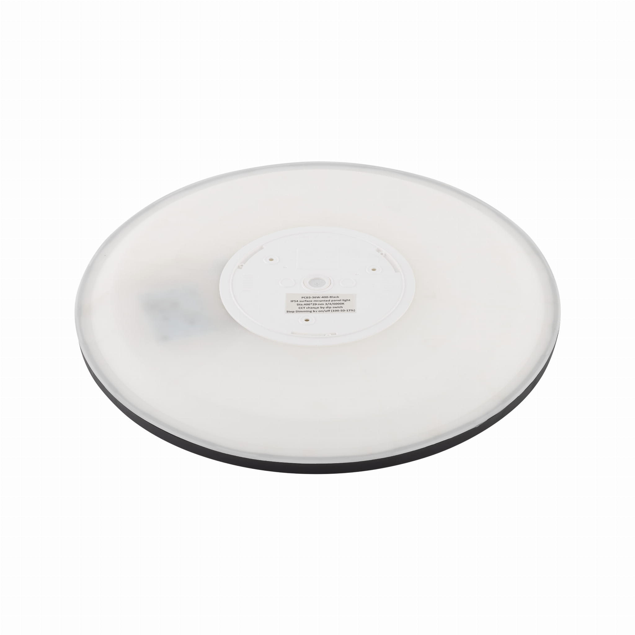Plafon LED Aqua D30 o średnicy 30 cm, czarny. Okrągła obudowa z białym kloszem, materiał: tworzywo sztuczne. Wysoka klasa szczelności IP54, moc 24W. Widok z góry, z wyraźnie widocznym logo i informacjami na spodniej stronie.