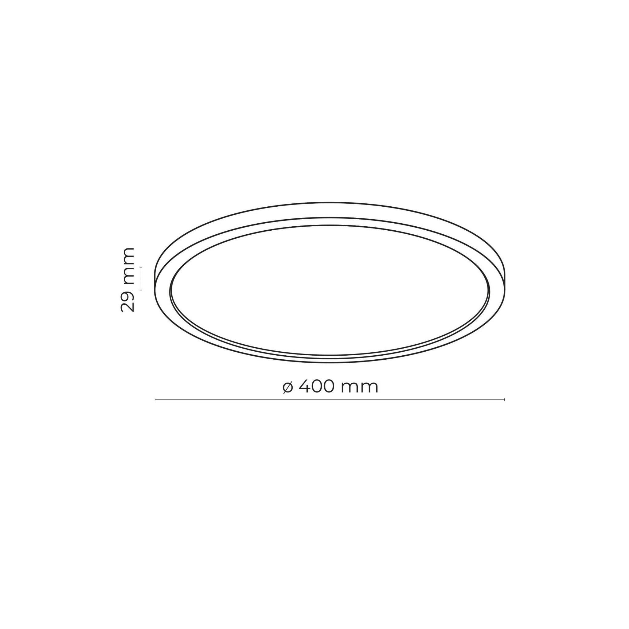 Plafon LED Aqua D40 o średnicy 400 mm i wysokości 29 mm, w kolorze czarnym. Posiada stopień ochrony IP54, co zapewnia odporność na wilgoć. Zastosowanie: oświetlenie sufitowe w pomieszczeniach.