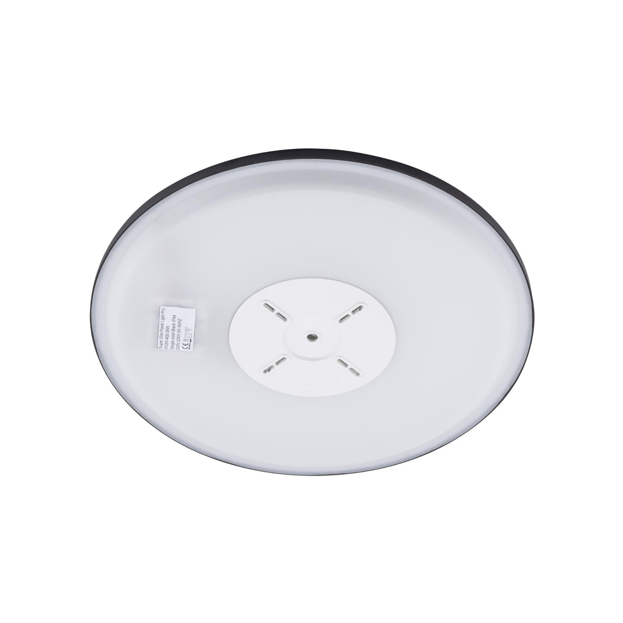Plafon LED Aqua D50 o średnicy 50 cm w kolorze czarnym z mlecznym kloszem. Ujęcie z góry, prezentujące okrągły kształt i montaż. Wysoka klasa szczelności IP54, przeznaczony do użytku w wilgotnych pomieszczeniach.