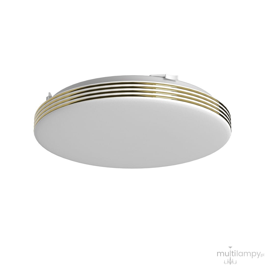Plafon LED Bever D26 o okrągłym kształcie, w kolorze białym z złotymi paskami. Wysoka klasa szczelności IP44, moc 10W, temperatura barwowa 4000K. Zamontowany na suficie, widoczny z boku.