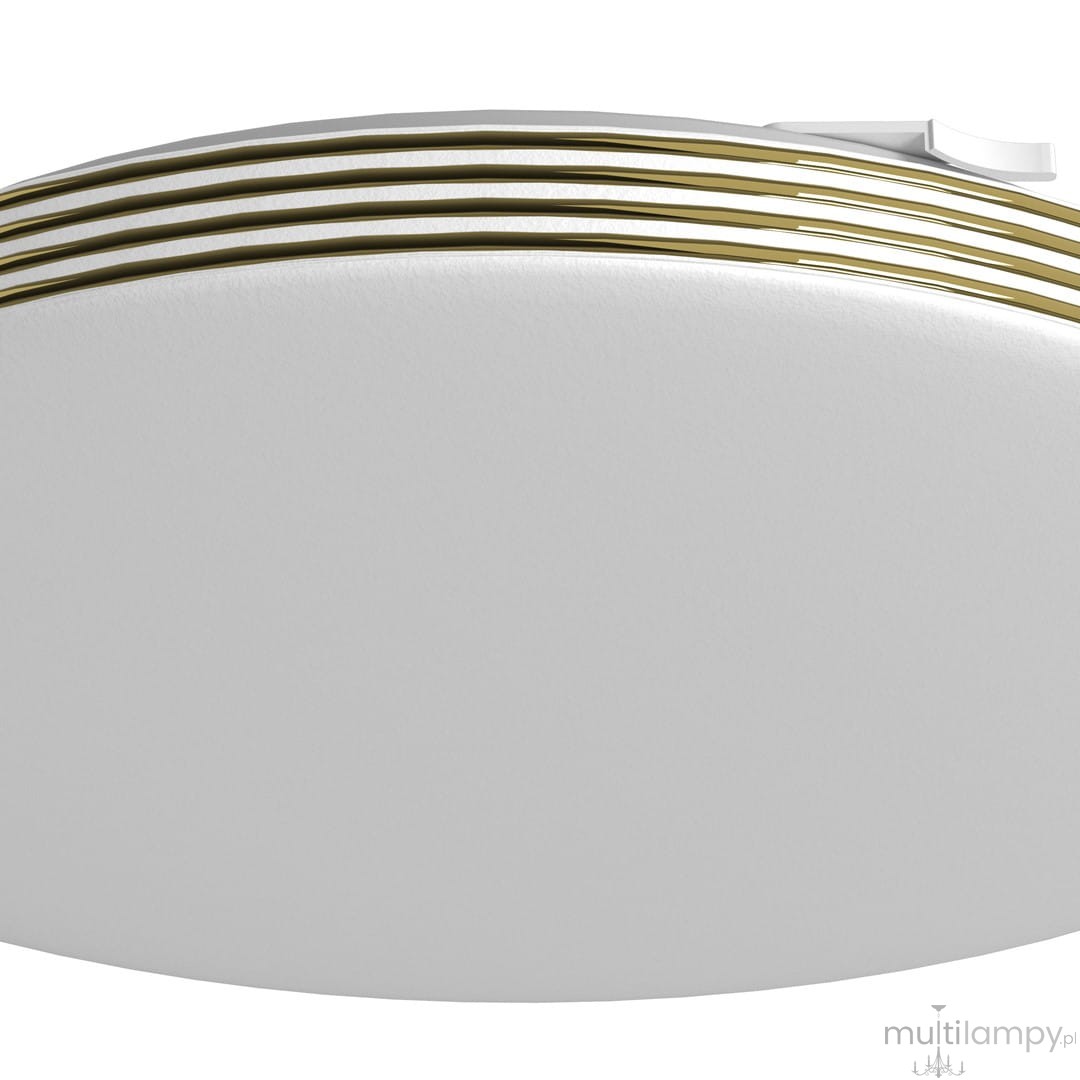 Plafon LED Bever D26 w kolorze białym z dekoracyjnymi złotymi paskami. Okrągły kształt, zamontowany na suficie, z widocznym przyciskiem do włączania. Wysoka klasa szczelności IP44, moc 10W, barwa światła 4000K.