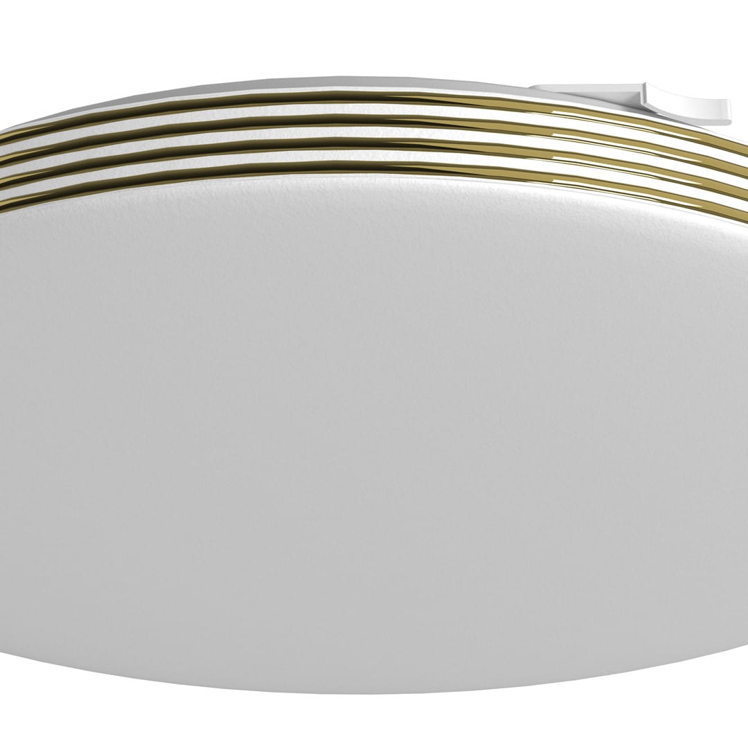 Plafon LED Bever D33 w kolorze białym z złotymi detalami, o okrągłym kształcie. Widok z boku, ukazujący warstwy wykończenia. Produkt o mocy 16W i temperaturze barwowej 4000K, przeznaczony do użytku w pomieszczeniach o podwyższonej wilgotności (IP44).