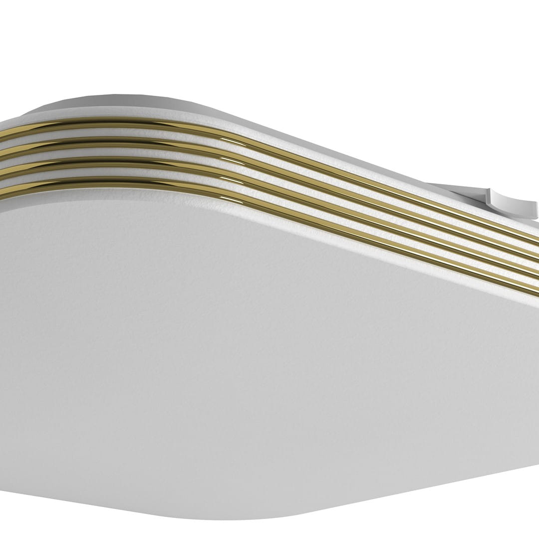 Plafon LED Dabar D26x26 w kolorze białym z ozdobnymi złotymi paskami. Kąt ujęcia z boku pokazuje zaokrąglony kształt oraz fakturę powierzchni. Produkt ma klasyfikację IP44, co oznacza odporność na wilgoć.