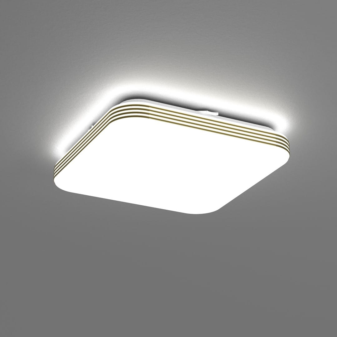 Plafon LED Dabar D26x26 w kolorze białym z złotymi detalami, oświetlenie o mocy 11W i temperaturze barwowej 4000K. Produkt zamontowany na suficie, z zaokrąglonymi krawędziami, emitujący jasne, równomierne światło.