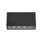 Czarna lampa sufitowa zewnętrzna Forli 3K, o prostokątnej formie, z pięcioma diodami LED 5W, emitującymi światło o temperaturze barwowej 3000K. Widok z góry, na gładkiej powierzchni wykończonej matowo.