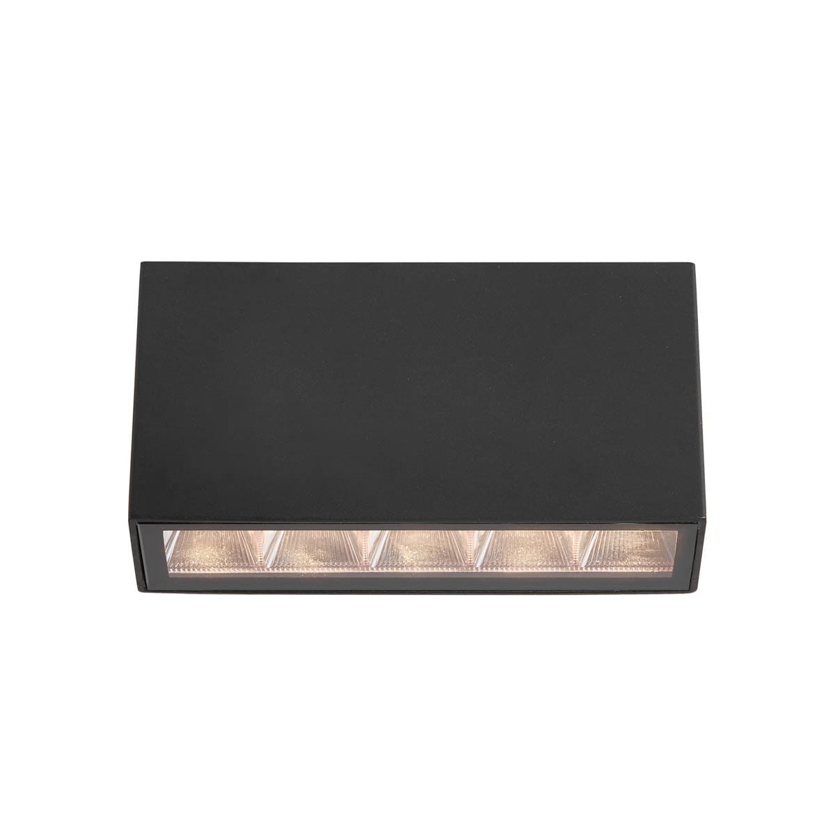 Lampa sufitowa zewnętrzna Forli 4K w kolorze czarnym, z pięcioma diodami LED o mocy 5W i temperaturze barwowej 4000K. Prosty, prostokątny kształt z przezroczystą osłoną, montowana na suficie, widok z góry.