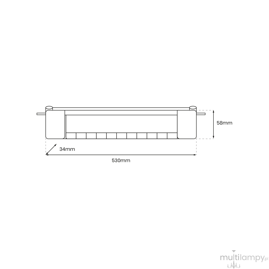 Track Cyber oprawa liniowa LED 28W w kolorze białym, o wymiarach 530mm x 58mm x 34mm. Prezentowana z boku, ukazuje prostokątny kształt oraz miejsce do montażu na szynie. Idealna do oświetlenia wnętrz.