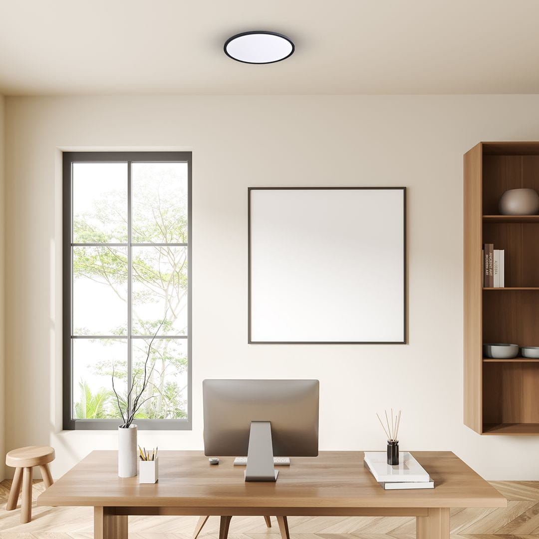 Plafon LED Maq D40 o mocy 32W w kolorze czarnym, okrągły z białym kloszem, zamontowany na suficie. Produkt znajduje się w jasnym wnętrzu biurowym, nad drewnianym biurkiem z komputerem. W tle okno z widokiem na zieleń.