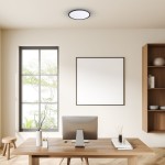 Plafon LED Maq D40 o mocy 32W w kolorze czarnym, okrągły z białym kloszem, zamontowany na suficie. Produkt znajduje się w jasnym wnętrzu biurowym, nad drewnianym biurkiem z komputerem. W tle okno z widokiem na zieleń.