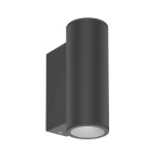 Kinkiet zewnętrzny Lenta 4K w kolorze czarnym, cylindryczny kształt, zamontowany na ścianie. Posiada dwa źródła światła LED o mocy 14W i temperaturze barwowej 4000K, widoczna faktura klosza z siateczką.