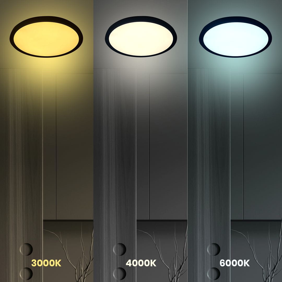Plafon LED Maq D50 w kolorze czarnym, o mocy 40W, wyświetlający trzy temperatury barwowe: 3000K (ciepła), 4000K (neutralna) i 6000K (zimna). Produkt zawieszony na tle ciemnej ściany, z oznaczeniami temperatur barwowych poniżej.