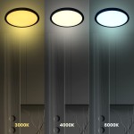 Plafon LED Maq D50 w kolorze czarnym, o mocy 40W, wyświetlający trzy temperatury barwowe: 3000K (ciepła), 4000K (neutralna) i 6000K (zimna). Produkt zawieszony na tle ciemnej ściany, z oznaczeniami temperatur barwowych poniżej.