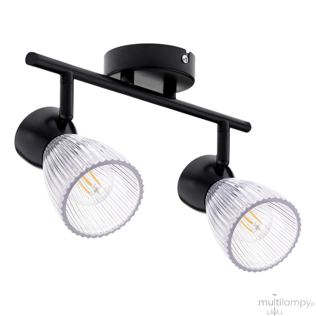 Czarna lampa sufitowa typu spot z dwoma lampami E14. Każda lampa ma przezroczystą, żłobioną klosz. Produkt montowany na suficie, z prostą konstrukcją i minimalistycznym designem.