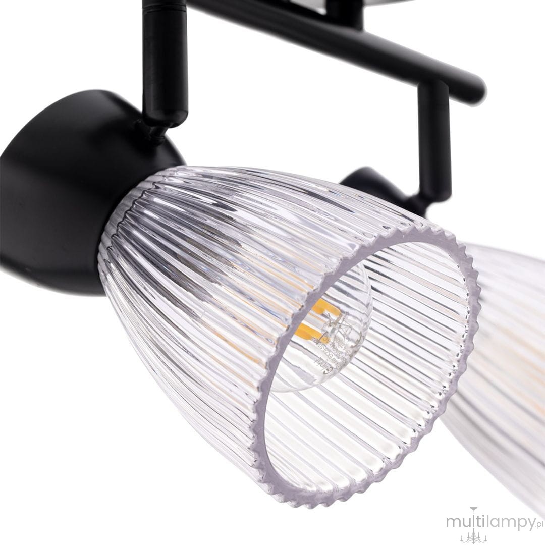 Czarna lampa sufitowa typu spot z dwoma kloszami E14, z przezroczystymi, żebrowanymi kloszami. Ujęcie z boku, ukazujące detale kloszy oraz mocowanie. Idealna do nowoczesnych wnętrz.