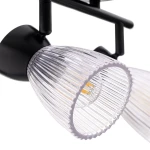 Czarna lampa sufitowa typu spot z dwoma kloszami E14, z przezroczystymi, żebrowanymi kloszami. Ujęcie z boku, ukazujące detale kloszy oraz mocowanie. Idealna do nowoczesnych wnętrz.