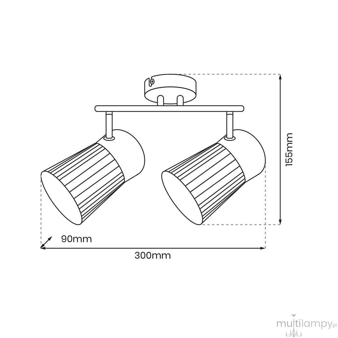 Lampa sufitowa (spot) Best ML9971 z dwoma oprawami na żarówki E14. Czarna, metalowa konstrukcja z cylindrycznymi kloszami o teksturowanej powierzchni. Wymiary: długość 300 mm, wysokość 155 mm, średnica klosza 90 mm. Montaż sufitowy.