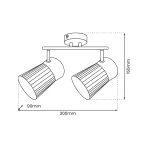 Lampa sufitowa (spot) Best ML9971 z dwoma oprawami na żarówki E14. Czarna, metalowa konstrukcja z cylindrycznymi kloszami o teksturowanej powierzchni. Wymiary: długość 300 mm, wysokość 155 mm, średnica klosza 90 mm. Montaż sufitowy.