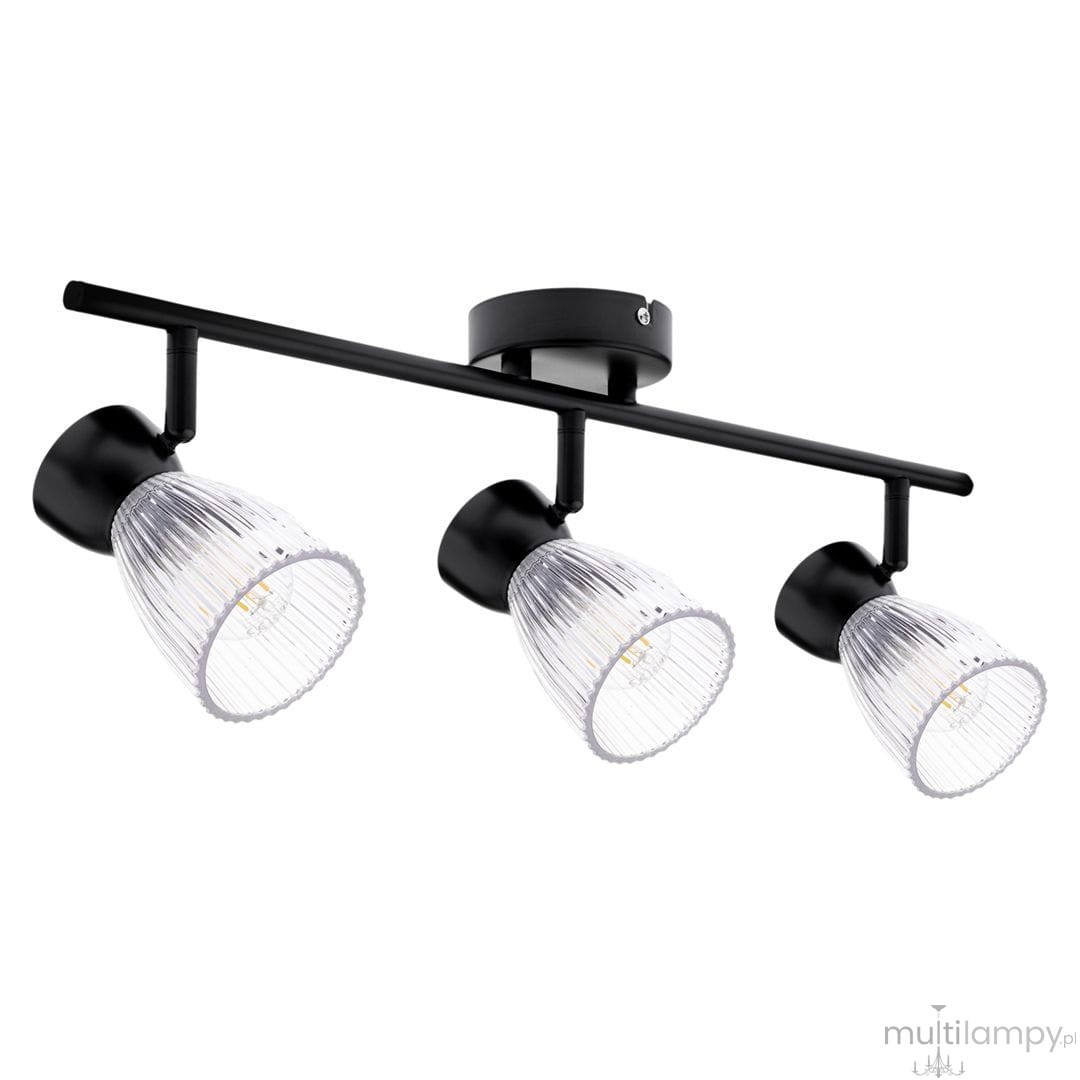 Lampa sufitowa typu spot z trzema kloszami, czarna, z przezroczystymi, żłobionymi kloszami, zamontowana na poziomej rurze. Klosze skierowane w różnych kierunkach, z widocznymi źródłami światła E14. Prosta konstrukcja, nowoczesny design.