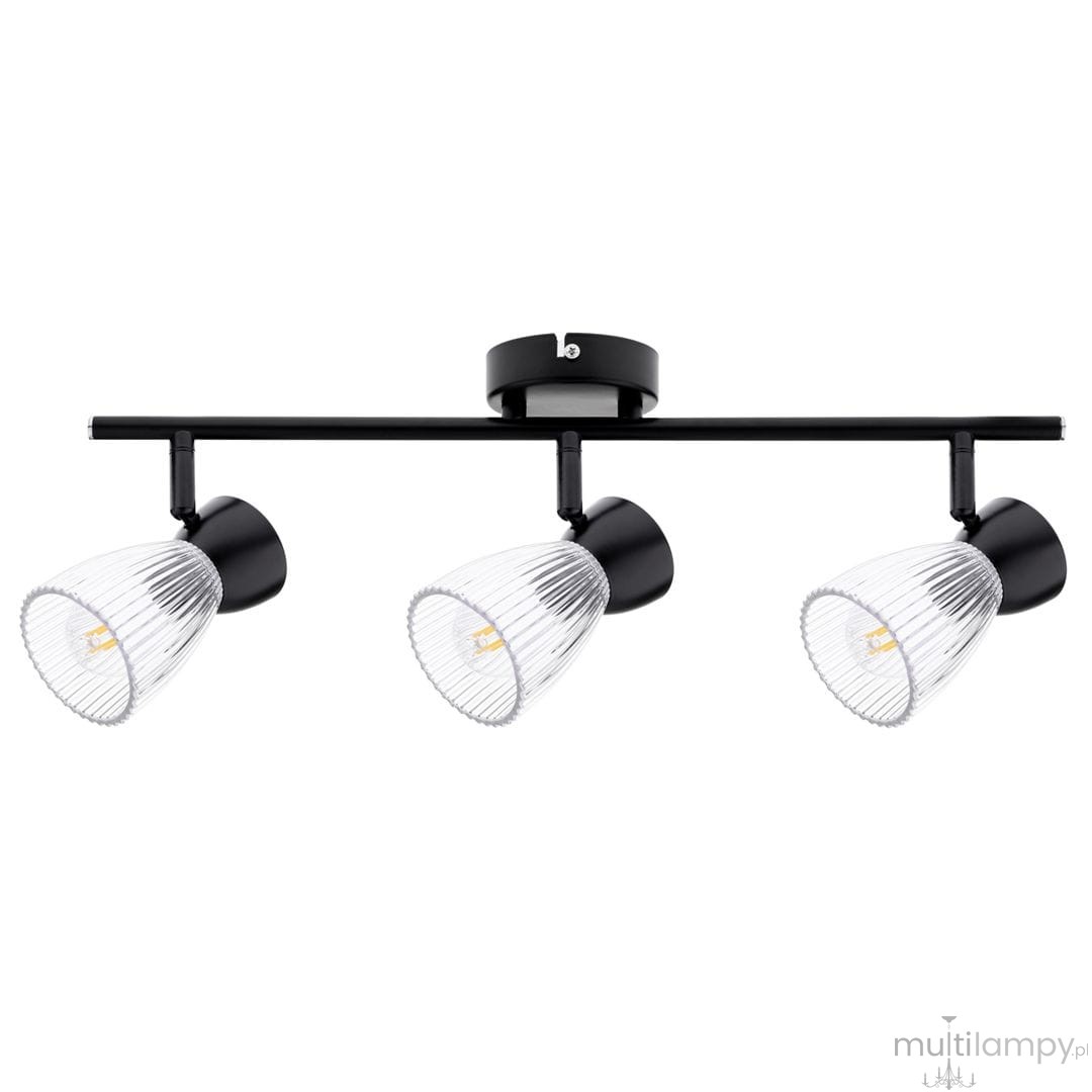 Lampa sufitowa w kolorze czarnym z trzema ruchomymi reflektorami, każdy z przezroczystym kloszem o żłobionej fakturze. Umożliwia zastosowanie żarówek E14. Montaż sufitowy, frontalne ujęcie.