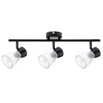 Lampa sufitowa w kolorze czarnym z trzema ruchomymi reflektorami, każdy z przezroczystym kloszem o żłobionej fakturze. Umożliwia zastosowanie żarówek E14. Montaż sufitowy, frontalne ujęcie.