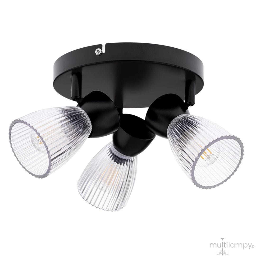 Czarna lampa sufitowa typu spot z trzema ruchomymi kloszami E14. Klosze mają żłobioną, przezroczystą teksturę, a całość zamontowana jest na okrągłej podstawie. Widać także metalowe mocowanie. Idealna do nowoczesnych wnętrz.