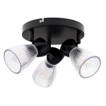 Czarna lampa sufitowa typu spot z trzema ruchomymi kloszami E14. Klosze mają żłobioną, przezroczystą teksturę, a całość zamontowana jest na okrągłej podstawie. Widać także metalowe mocowanie. Idealna do nowoczesnych wnętrz.