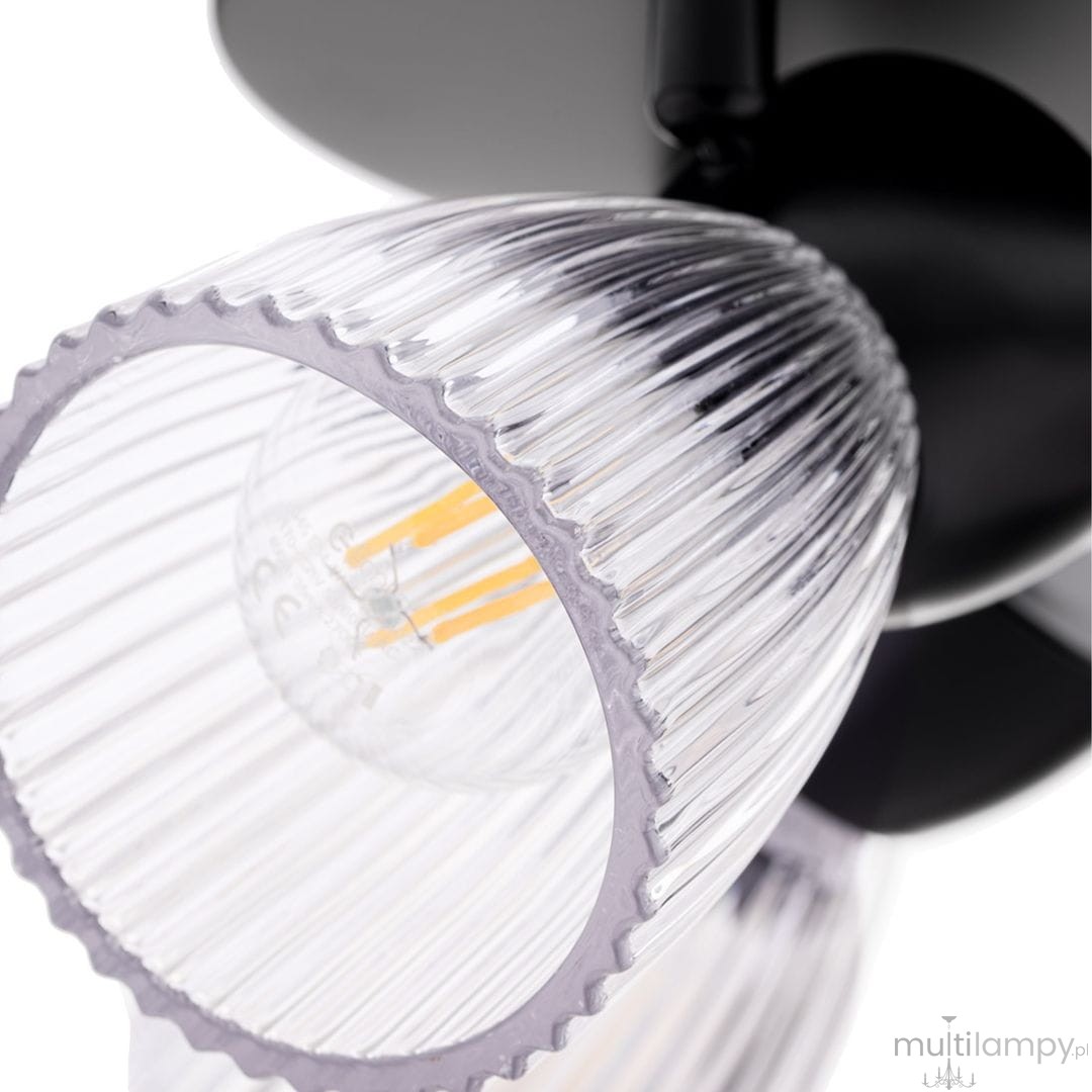 Lampa sufitowa Best (spot) 3xE14 w kolorze czarnym, z przezroczystymi kloszami o żebrowanej fakturze. Ujęcie z dołu, zbliżenie na klosz, widoczne żarówki LED w środku. Elegancki design, idealna do nowoczesnych wnętrz.