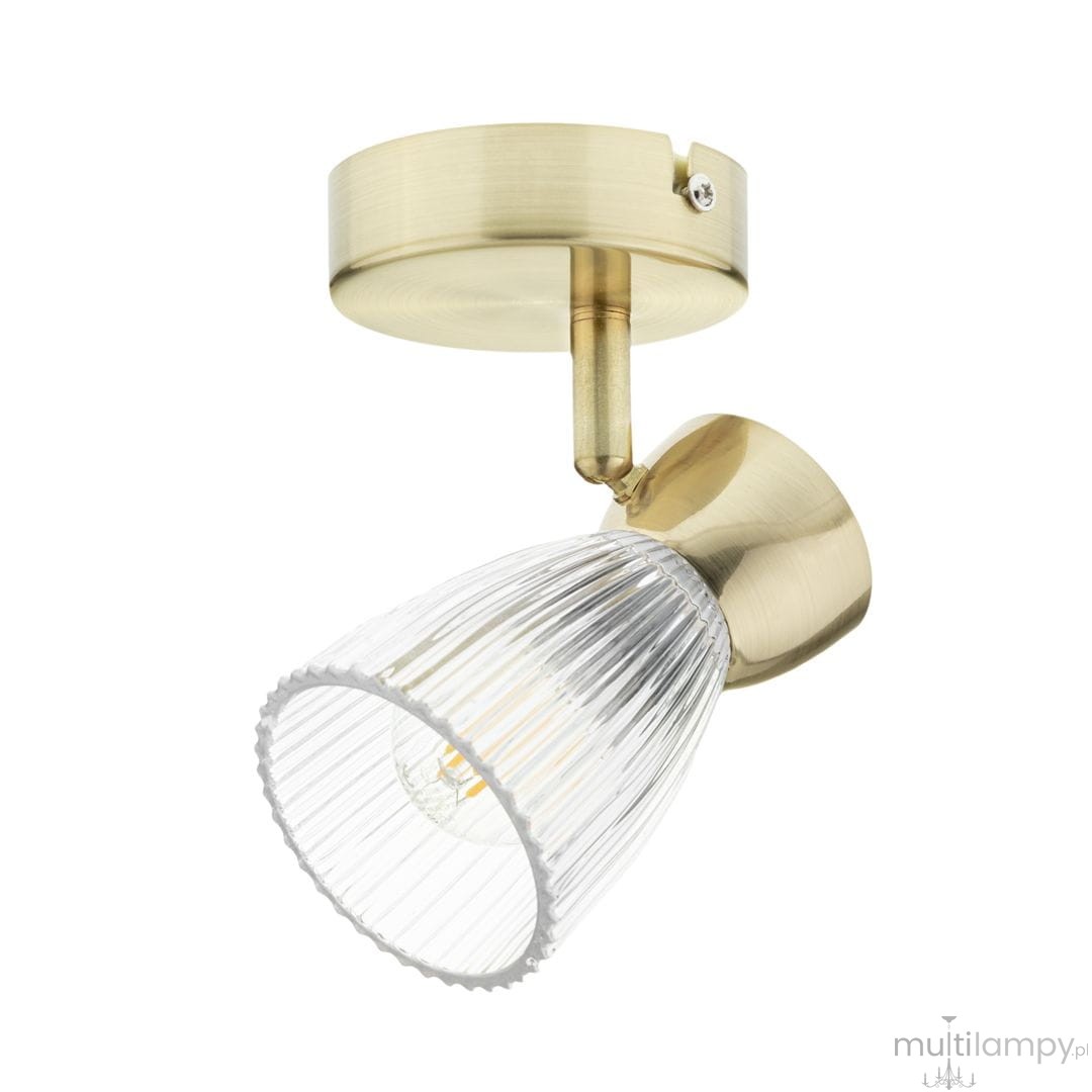 Lampa sufitowa typu spot, 1xE14, z metalowym, złotym wykończeniem oraz przezroczystym kloszem o żłobionej fakturze. Ujęcie z boku, pokazujące zamocowanie do sufitu oraz kąt nachylenia klosza, co umożliwia skierowanie światła w wybranym kierunku.
