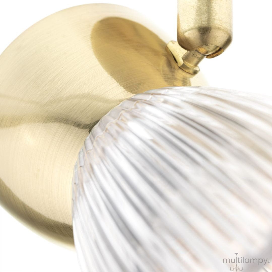 Lampa sufitowa Best (spot) 1xE14 w kolorze złotym, z okrągłą, matową podstawą i szklanym kloszem o fakturze falistej. Ujęcie z bliska, ukazujące detale mocowania i wykończenia.