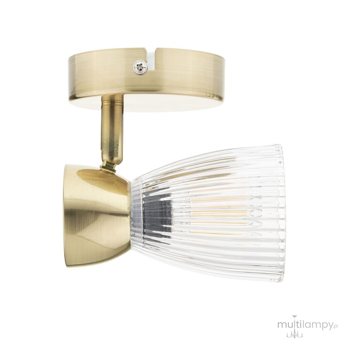 Lampa sufitowa (spot) Best z pojedynczym źródłem światła E14 w złotej oprawie. Klosz ze szkła z wyraźnym wzorem, zamontowany na metalowej podstawie. Ujęcie z boku, ukazujące kształt i detal klosza.