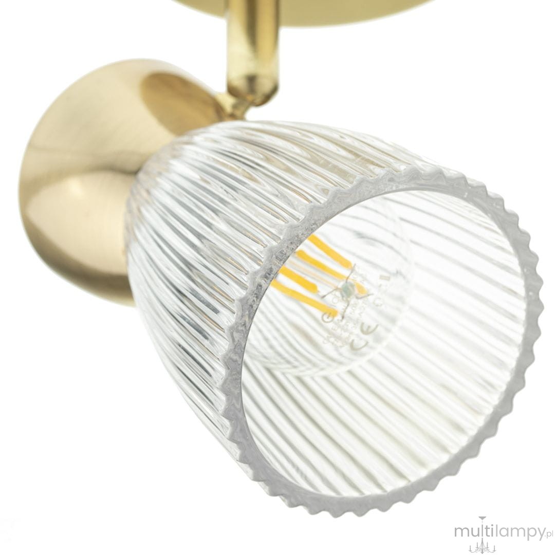 Lampa sufitowa (spot) Best w kolorze złotym. Szklany klosz o teksturowanej powierzchni, zakończony falistą krawędzią. Widoczny gwint E14 oraz delikatne żarówki LED w środku. Ujęcie z boku, ukazujące szczegóły konstrukcji.