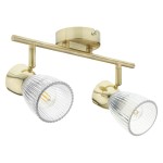 Lampa sufitowa typu spot z dwoma źródłami światła E14. Konstrukcja w kolorze złotym z przezroczystymi kloszami o żłobionej fakturze. Umożliwia skierowanie światła w wybrane miejsca, zamontowana na okrągłej podstawie.