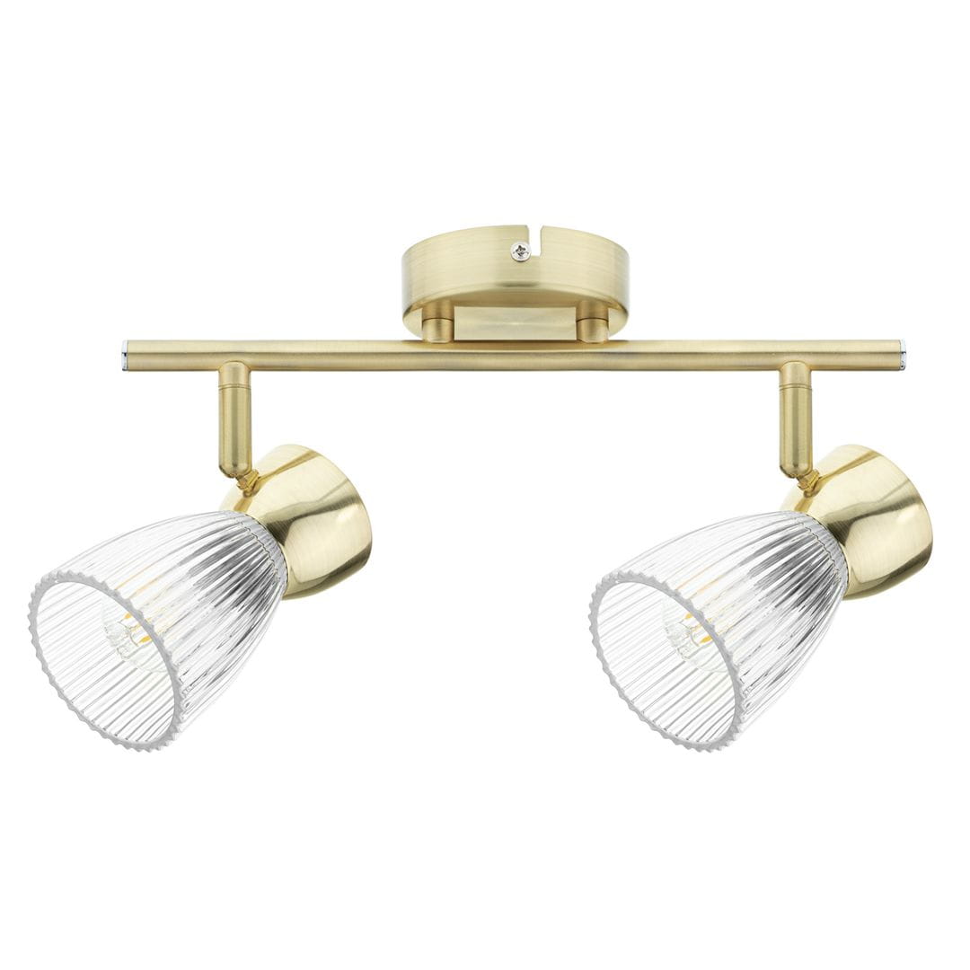 Lampa sufitowa (spot) Best z dwoma kloszami E14 w kolorze złotym. Klosze mają wyraźne żłobienia, zamontowane na metalowej ramie. Produkt jest wiszący, z zamontowanym mocowaniem sufitowym, na jednolitym białym tle.
