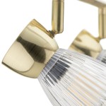 Złota lampa sufitowa typu spot z podwójnym źródłem światła E14. Widoczny detal szklanej klosza z wgłębieniami oraz metalowa, błyszcząca oprawa. Ujęcie z boku, ukazujące mechanizm regulacji kąta.