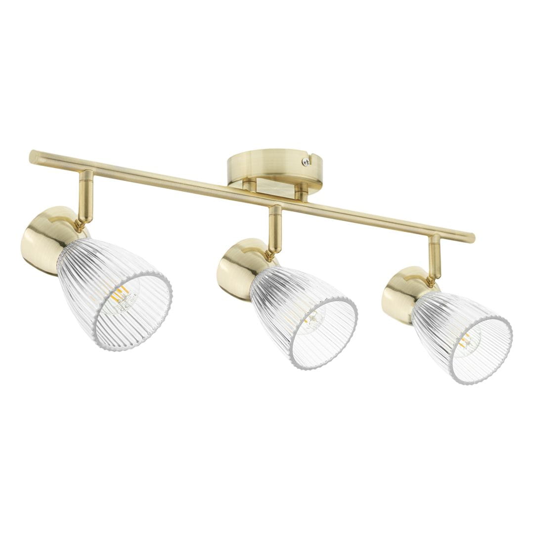Lampa sufitowa (spot) Best z trzema kloszami E14 w kolorze złotym. Klosze z przezroczystego szkła w kształcie stożka, z widocznymi żarówkami. Stalowy stelaż w złotym wykończeniu, montowany pod sufitem.