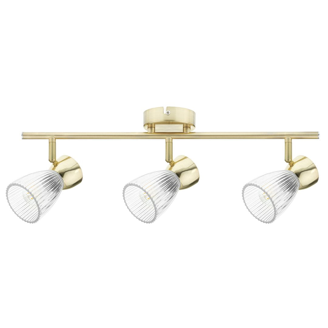 Lampa sufitowa typu spot w kolorze złotym, z trzema ruchomymi reflektorami. Szklane klosze w prążki, zamontowane na prostokątnej podstawie. Produkt o nowoczesnym designie, idealny do oświetlenia wnętrz.