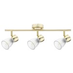 Lampa sufitowa typu spot w kolorze złotym, z trzema ruchomymi reflektorami. Szklane klosze w prążki, zamontowane na prostokątnej podstawie. Produkt o nowoczesnym designie, idealny do oświetlenia wnętrz.