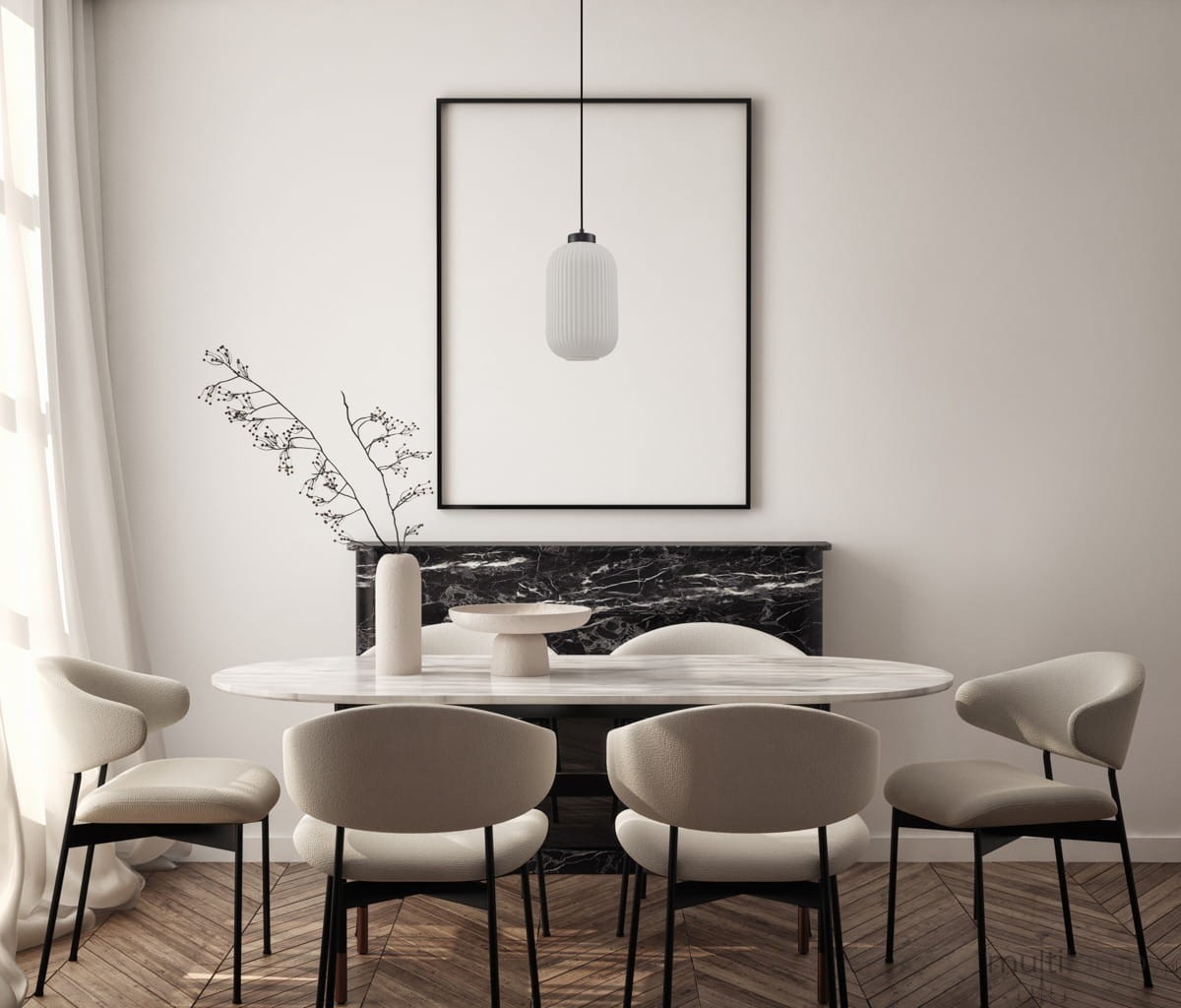 Czarna lampa wisząca Lindo z jednym gniazdem E27, o cylindrycznym kształcie z teksturowanej, matowej powierzchni. Zawieszona w minimalistycznym wnętrzu nad okrągłym stołem, w otoczeniu jasnych krzeseł i marmurowego kominka.