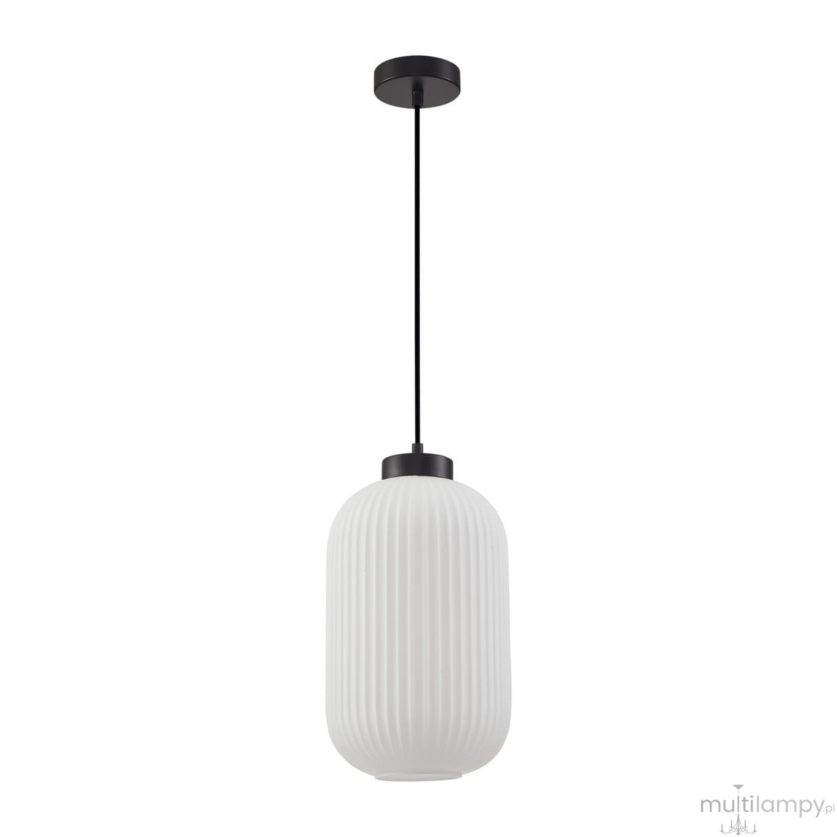 Lampa wisząca Lindo z kloszem w białym kolorze, wykonana z teksturowanego materiału, z czarnym metalowym uchwytem i przewodem. Kształt cylindryczny, zawieszona na długim przewodzie, idealna do nowoczesnych wnętrz.