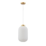 Lampa wisząca Lindo z kloszem w białym kolorze, o fakturze żebrowanej, z metalowym uchwytem w odcieniu złota. Zawieszona na cienkim przewodzie, w kształcie owalnym, idealna do nowoczesnych wnętrz. Działa z żarówką E27, montowana pod sufitem.
