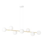 Lampa wisząca Gravity 8-punktowa w kolorze białym i złotym. Składa się z ośmiu kulistych kloszy z opalowego szkła zamocowanych na cienkiej, złotej rurze. Ujęcie z boku, wisząca konstrukcja z długim przewodem.