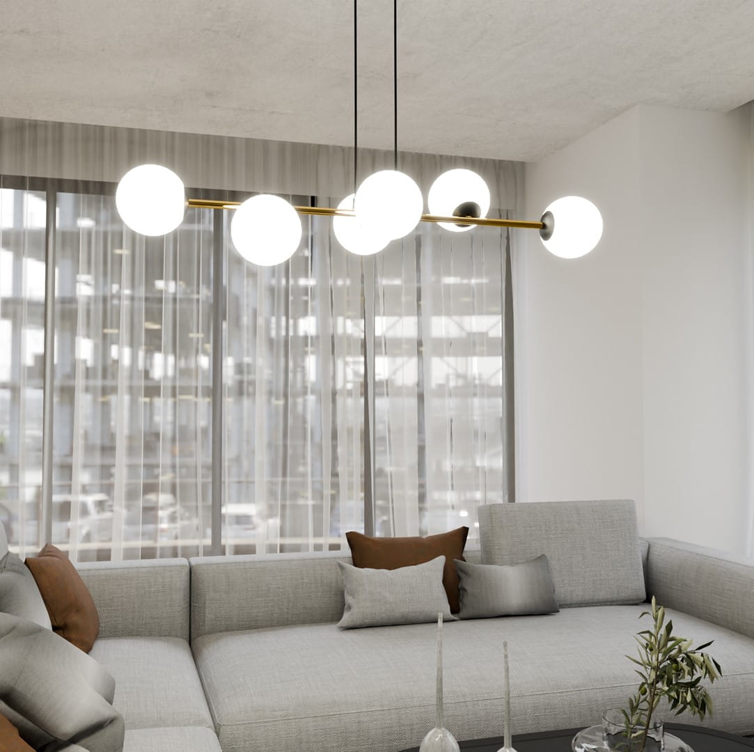 Lampa wisząca Gravity 6-punktowa w kolorze czarnym i złotym z opalowymi kloszami. Zawieszona na trzech czarnych przewodach, z sześcioma okrągłymi źródłami światła umieszczonymi na długiej, złotej rurze. Idealna do nowoczesnych wnętrz.