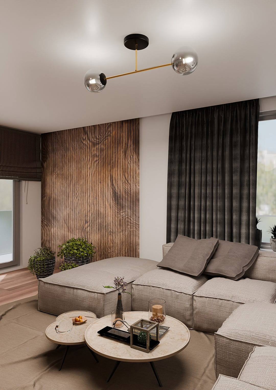 Lampa sufitowa Magnum 2-punktowa w kolorze czarnym i złotym, z grafitowymi elementami. Zawieszona na prostym, złotym ramieniu z dwoma okrągłymi kloszami w kolorze chromu. Ujęcie z dołu, w nowoczesnym wnętrzu z kanapą i drewnianą ścianą.