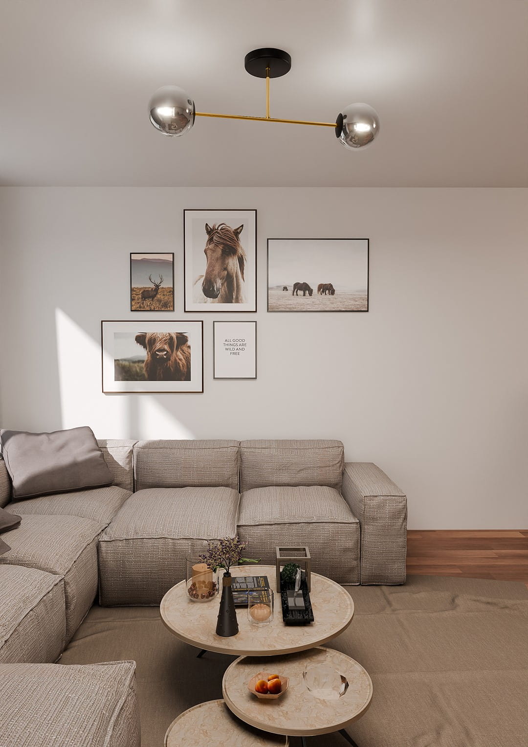 Czarna lampa sufitowa Magnum 2-punktowa z metalowymi, lustrzanymi kloszami i złotymi detalami. Zawieszona na czarnym stelażu, idealna do nowoczesnych wnętrz. W tle widoczny jasny salon z obrazami na ścianie oraz meblami w neutralnych kolorach.