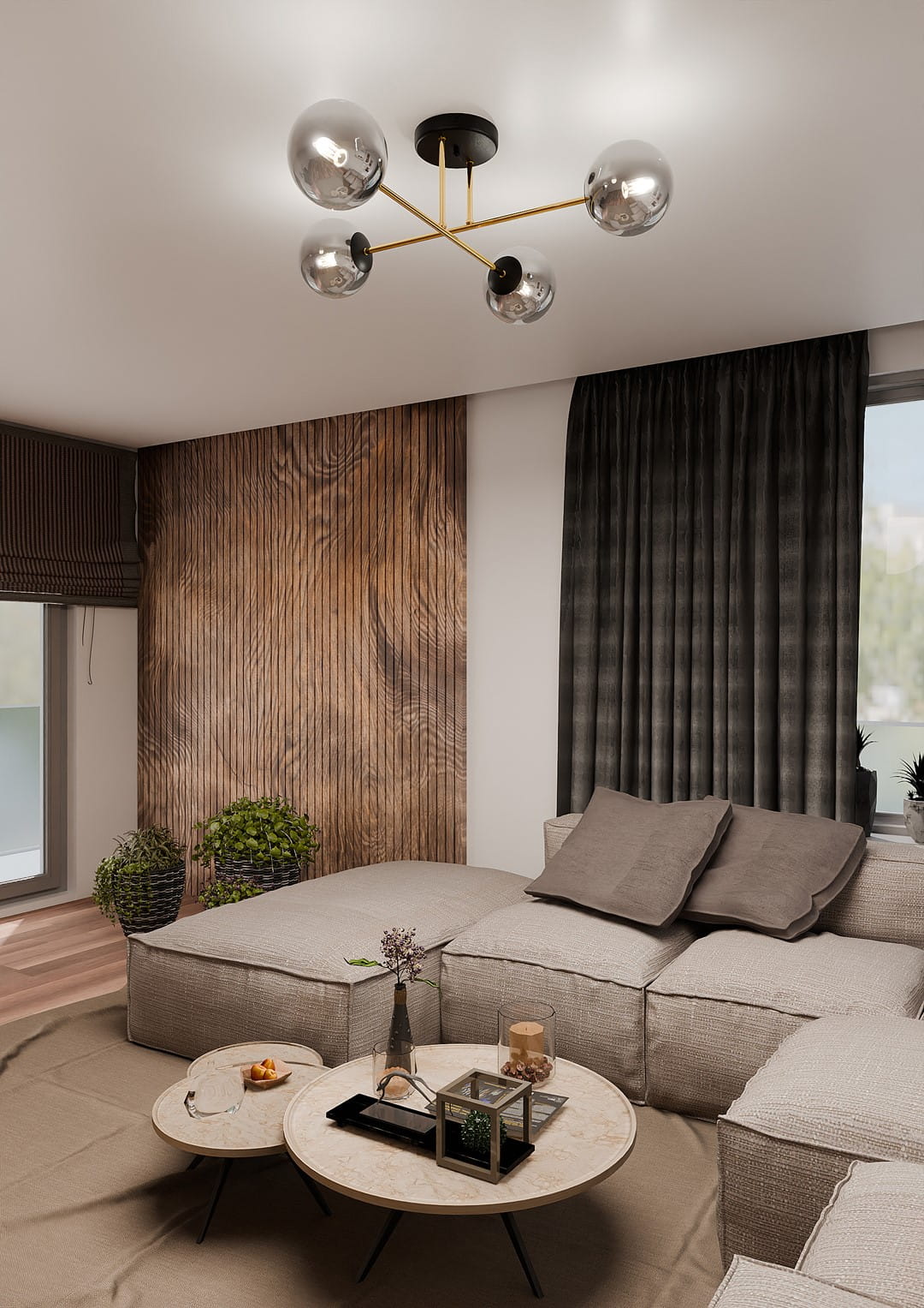 Lampa sufitowa Magnum 4-punktowa w kolorach czarnym, złotym i grafitowym, z okrągłymi kloszami w chromie. Ujęcie z dołu, pokazujące lampę zamontowaną na suficie w nowoczesnym wnętrzu z drewnianą ścianą i sofą.