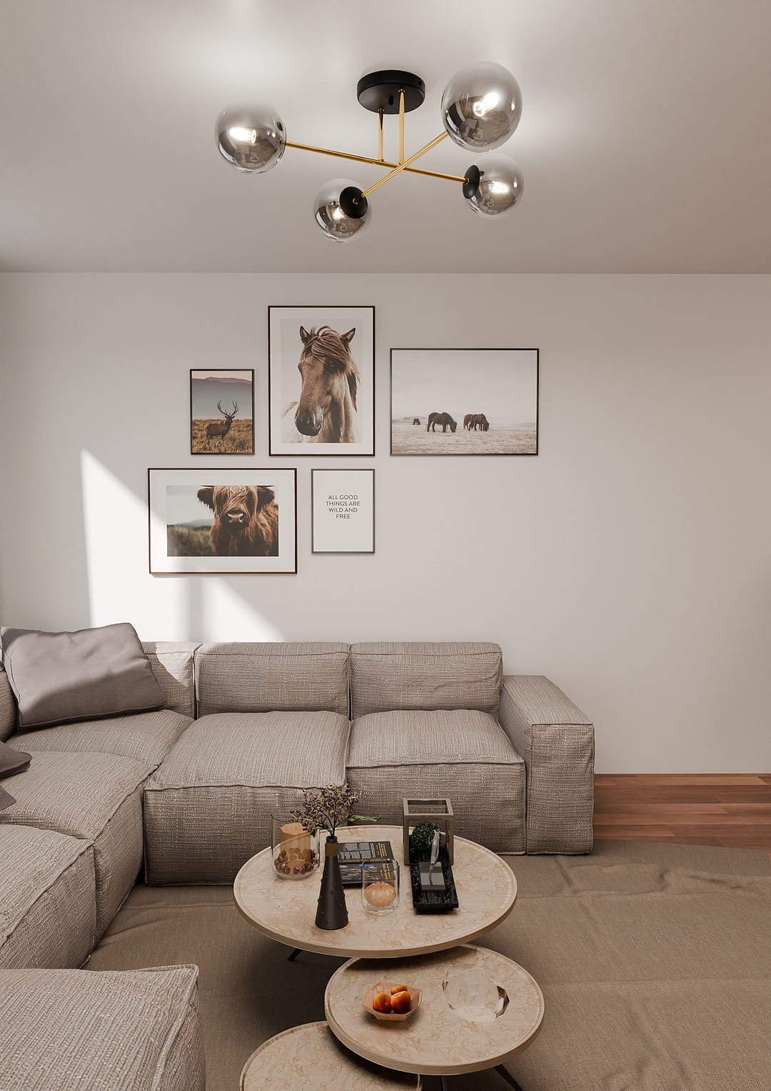 Czarna lampa sufitowa 4-punktowa Magnum z metalowymi kloszami w kolorze złotym i grafitowym. Ujęcie z góry, zainstalowana na suficie, w nowoczesnym wnętrzu z obrazami na ścianie i eleganckim narożnikiem.