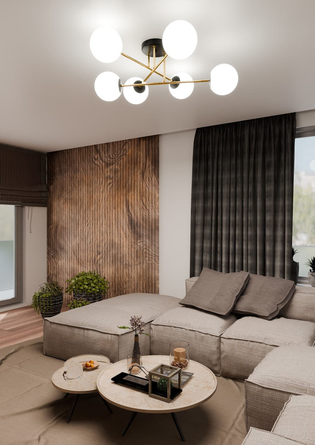 Lampa sufitowa Magnum 6-punktowa w kolorze czarnym, złotym i białym. Posiada sześć okrągłych kloszy na ramionach w złotym wykończeniu, zamontowana na czarnej podstawie. Widoczna w nowoczesnym wnętrzu z meblami w odcieniach beżu i brązu.