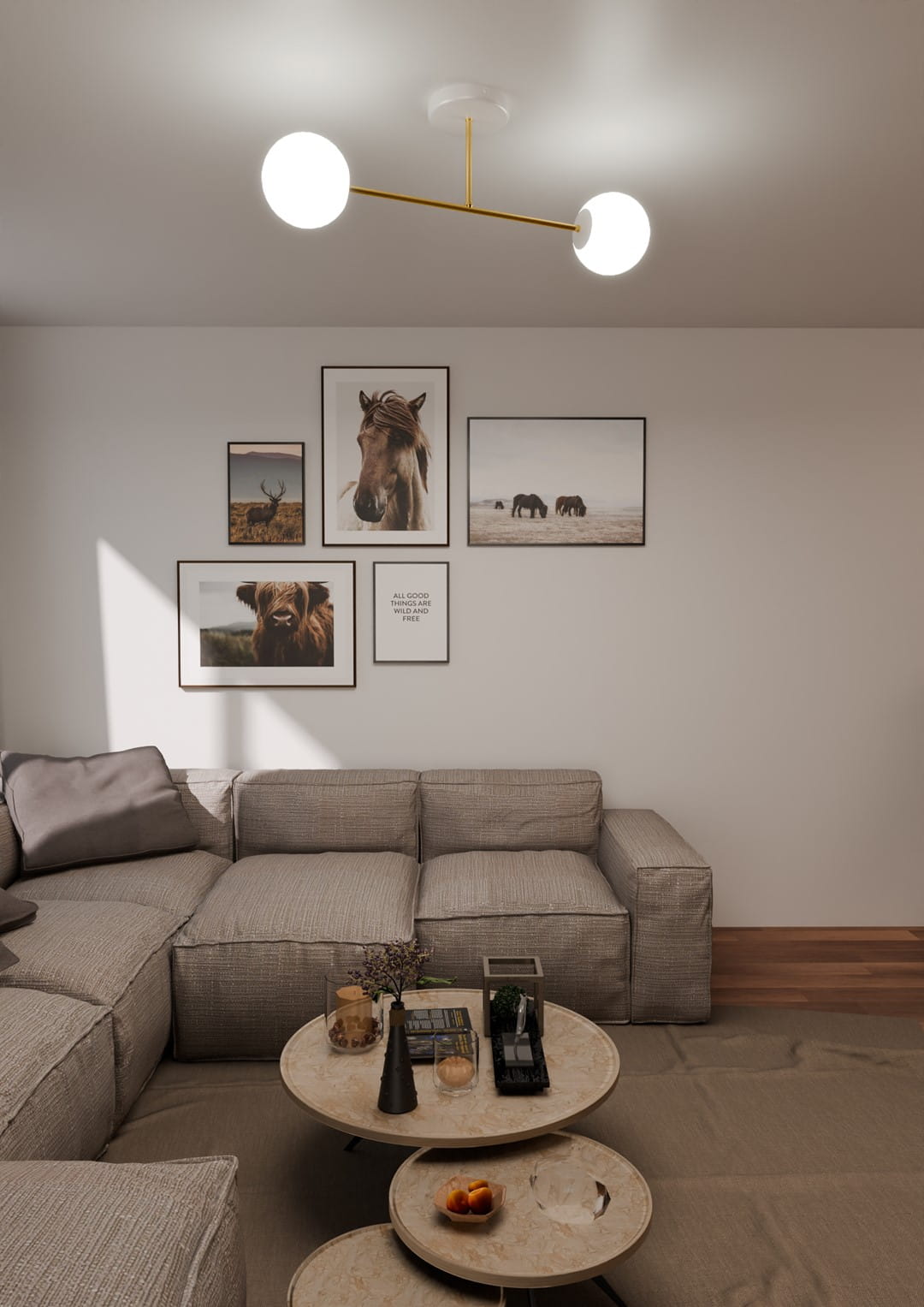 Lampa sufitowa 2-punktowa Magnum w kolorze białym i złotym, zawieszona na prostym stelażu. Posiada dwa okrągłe klosze, z których każdy emituje ciepłe światło.