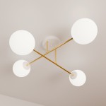 Lampa sufitowa Magnum 4-punktowa w kolorze białym i złotym. Cztery okrągłe klosze z matowego szkła zawieszone na złotych metalowych ramionach w układzie krzyżowym, montowana do sufitu.